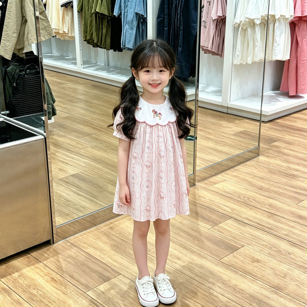 Cute Floral Bubble Sleeve Dress for Girls with Sweet Peter Pan