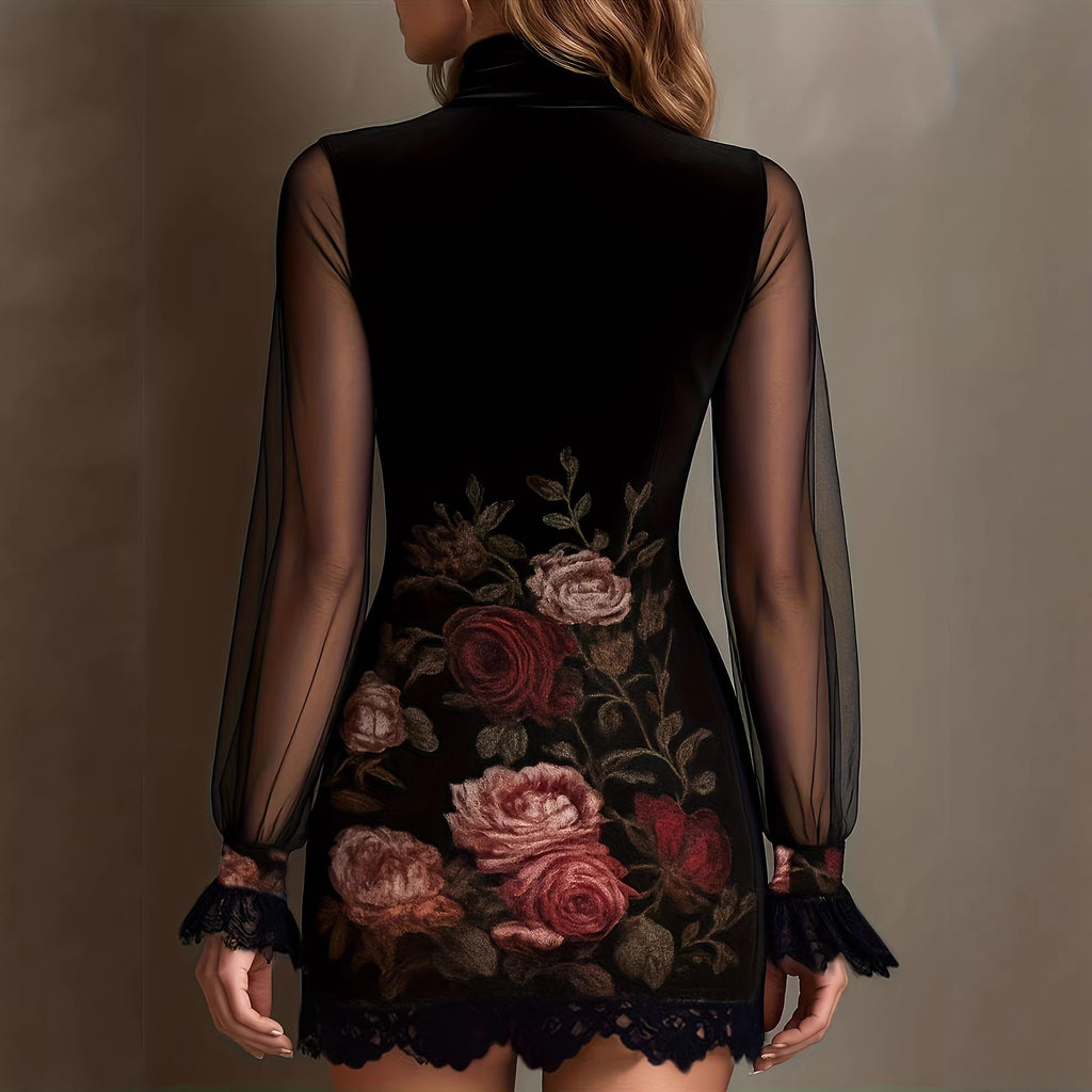 Lace Trim Patchwork Dress with Elegant Printed Tulle Design Fitted Mini Dress