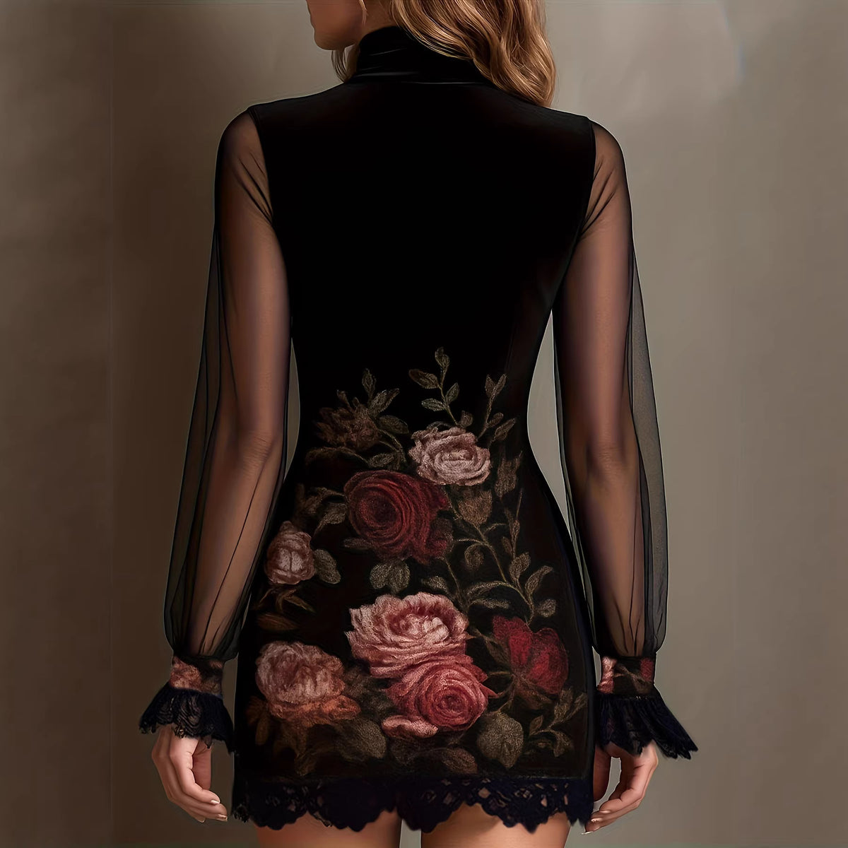 Lace Trim Patchwork Dress with Elegant Printed Tulle Design Fitted Mini Dress