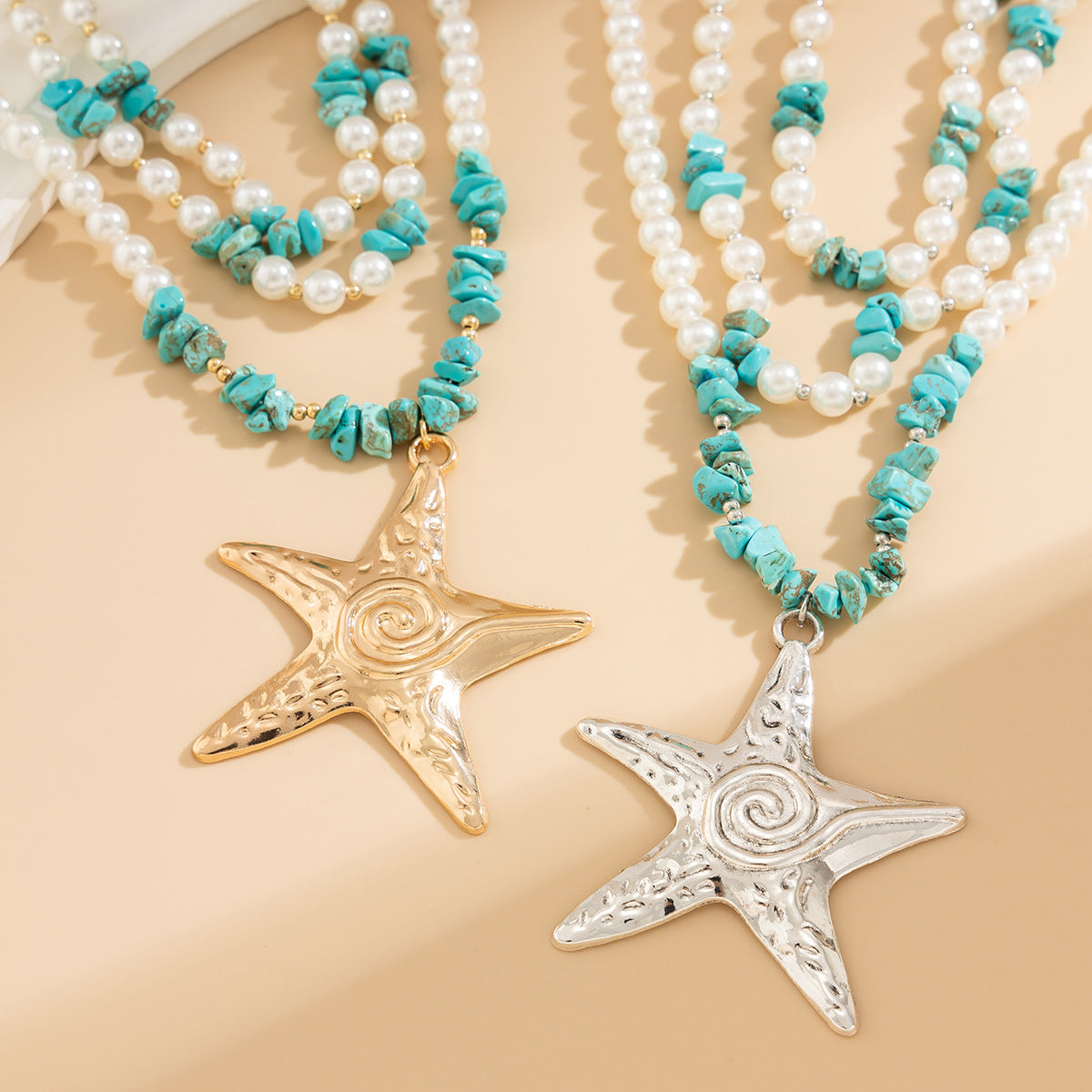 Starfish pendant necklaces, niche women's necklaces, layered imitation pearl ocean style