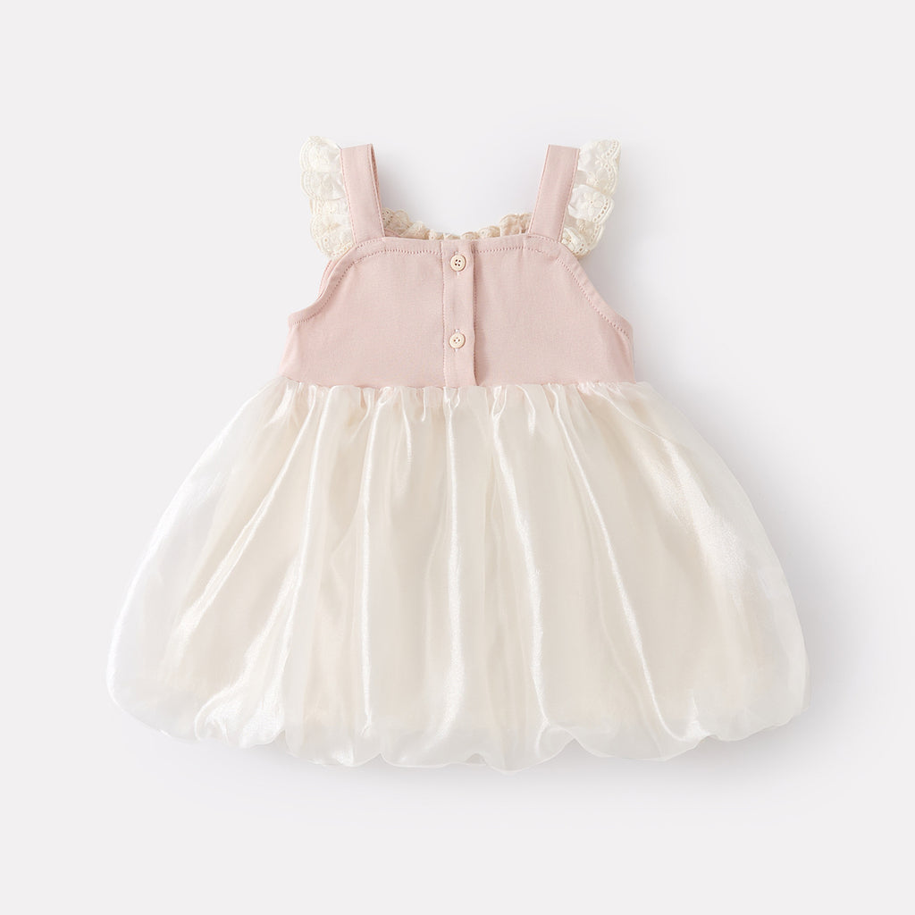 Sleeveless Bow Lace Top Dress for Toddlers and Babies, Sweet Floral Dress for Girls