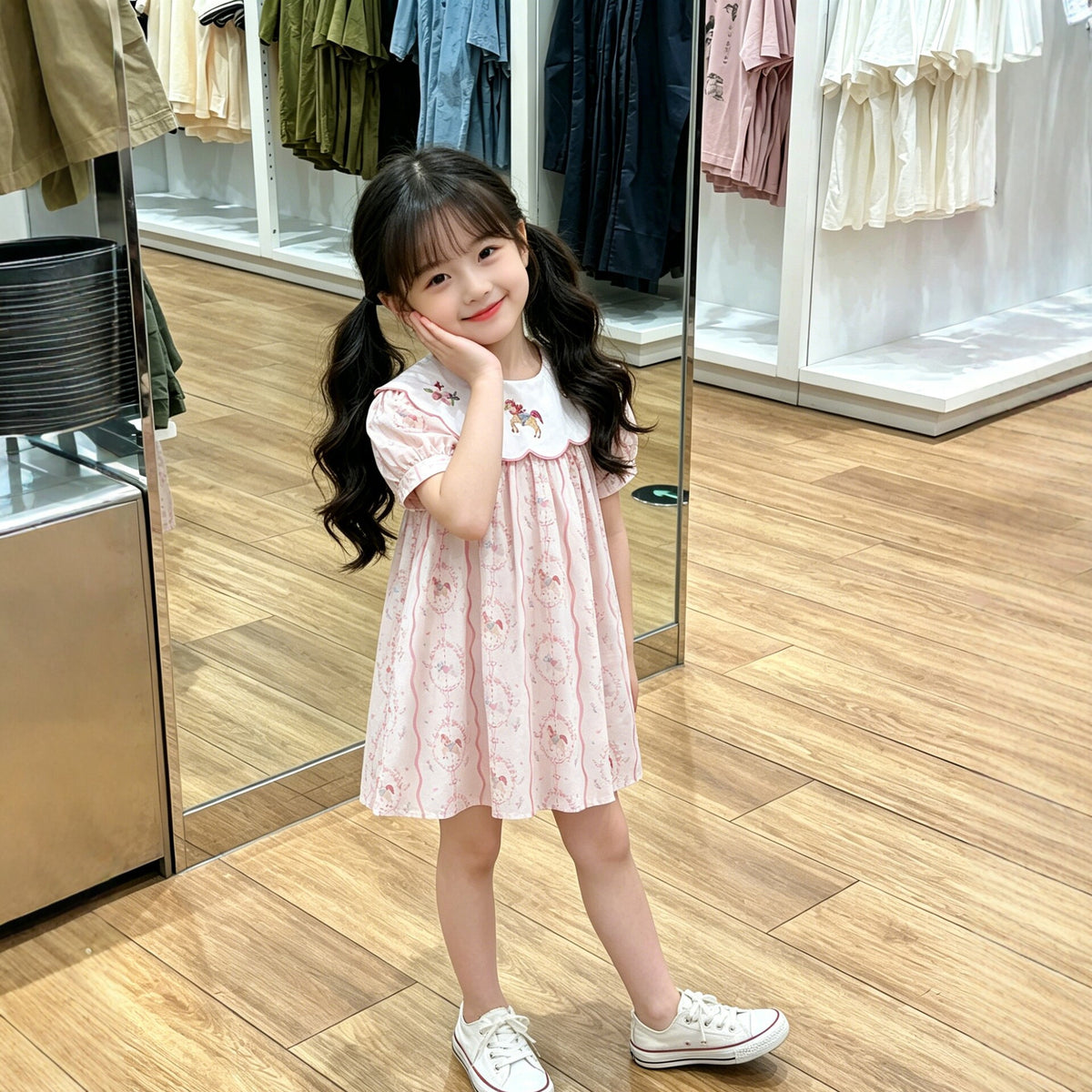 Cute Floral Bubble Sleeve Dress for Girls with Sweet Peter Pan