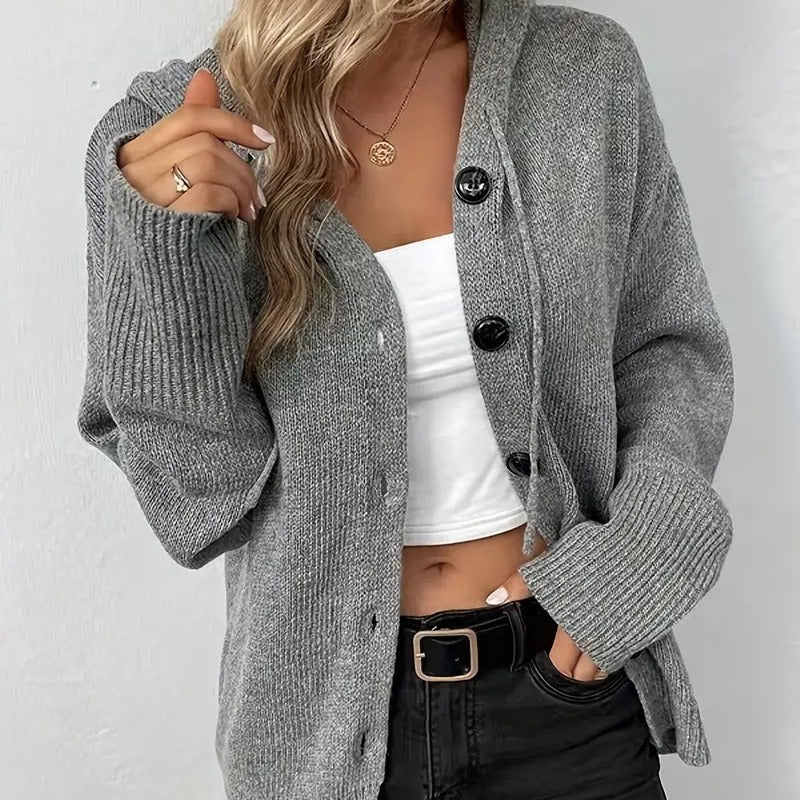 Solid colour hooded single breasted cardigan for women