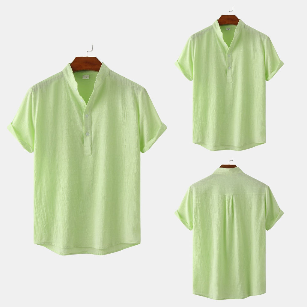 Summer Mens Cotton and Linen Standing Collar Casual Short Sleeved Shirt Beach T Shirt Shirt Mens Clothing