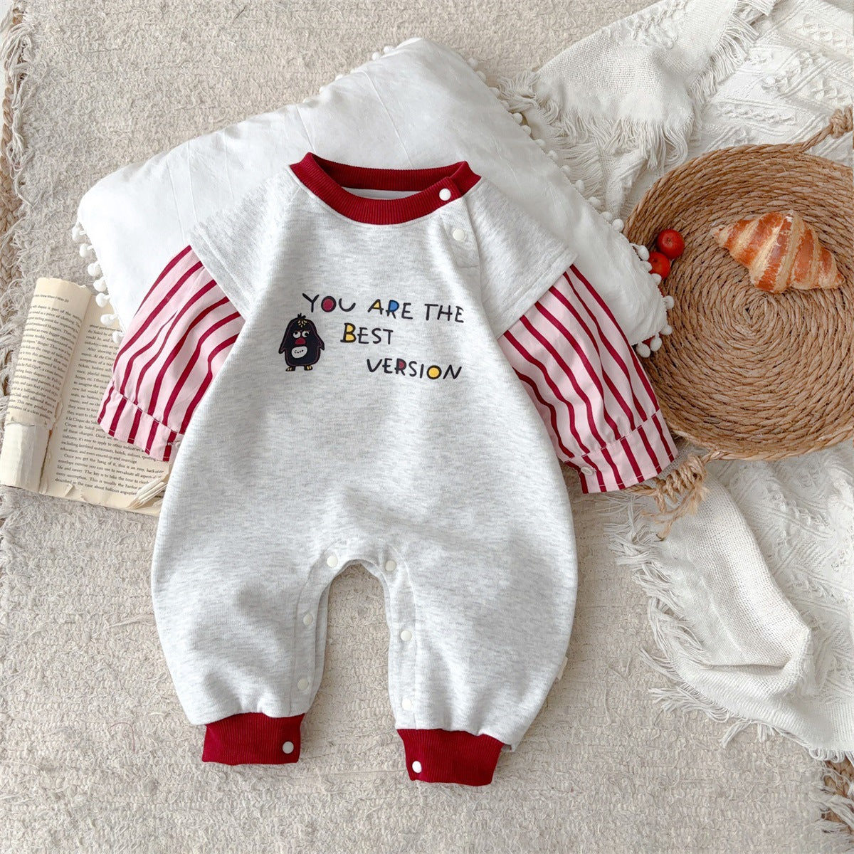 Infant Cartoon Romper Baby Patchwork Sleeve Long Sleeve Cartoon Outing Clothes
