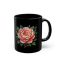 Floral Peony Black Mug — Pink Rose Coffee Cup (11oz, 15oz)