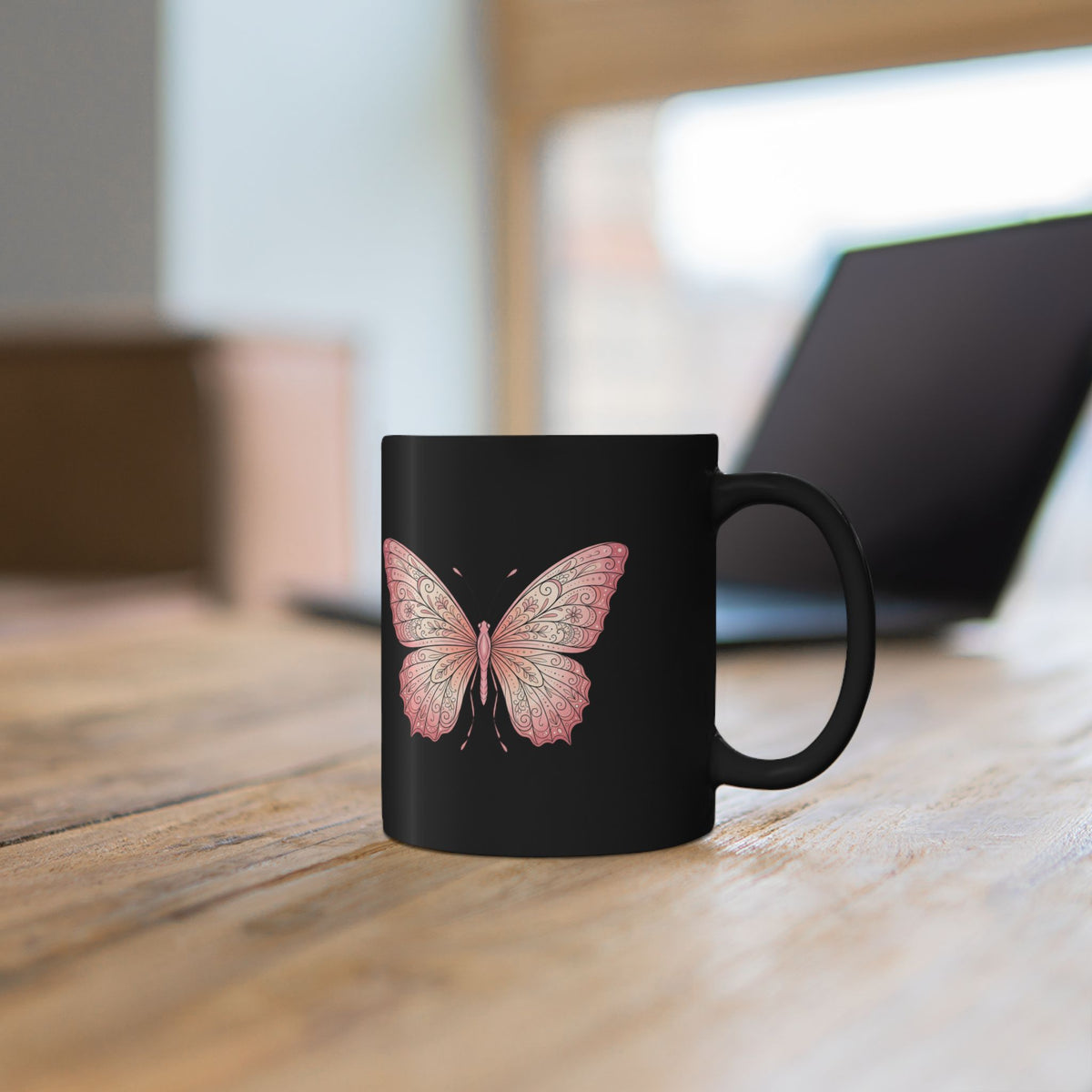 Pink Butterfly Black Mug — Elegant Floral Butterfly Ceramic Coffee Cup (11oz/15oz)