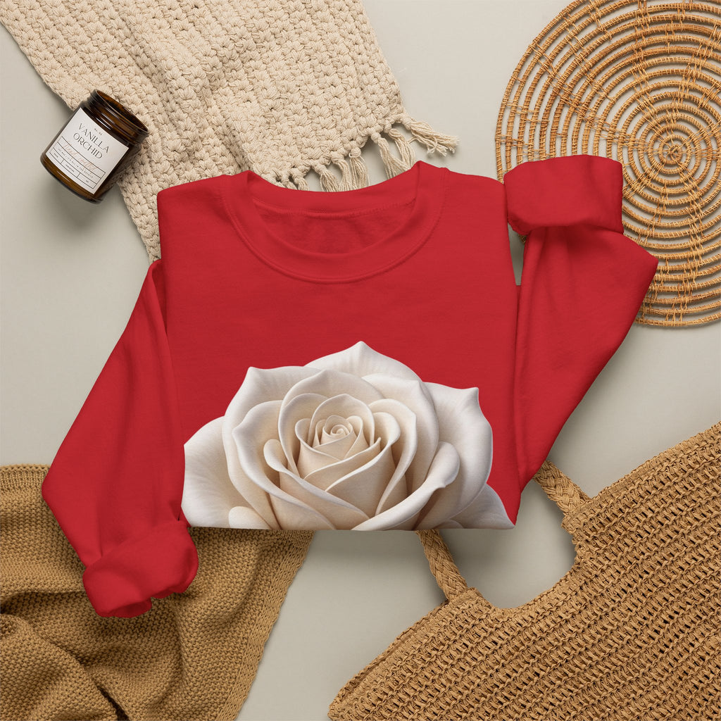 White Rose Crewneck Sweatshirt — Elegant Botanical Floral Pullover