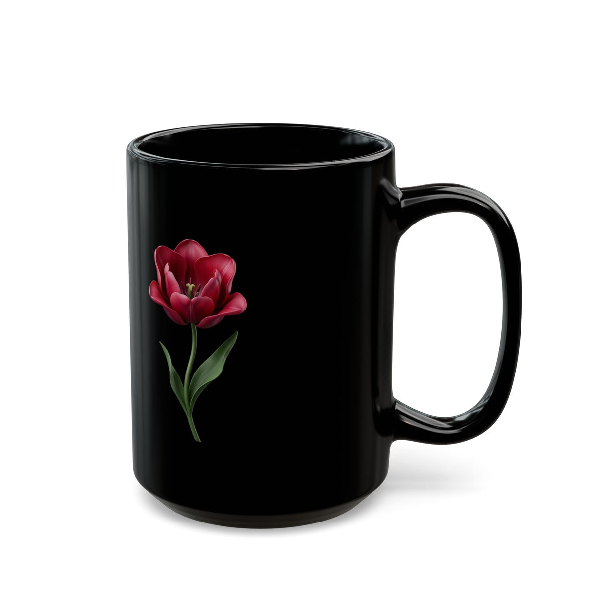 Black Floral Mug — Red Tulip Ceramic Coffee Cup (11oz & 15oz)