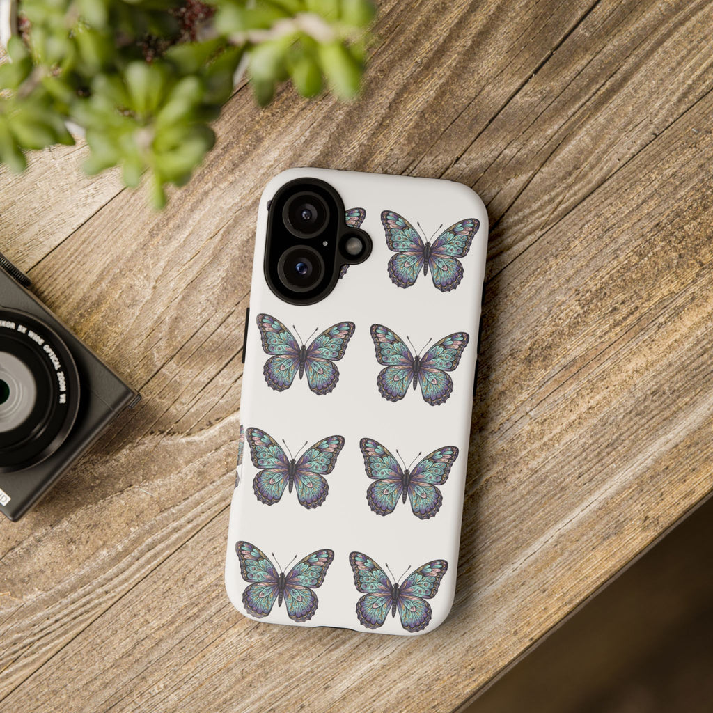 Butterfly Pattern Tough Phone Case — Vintage Teal Floral Protective Cover