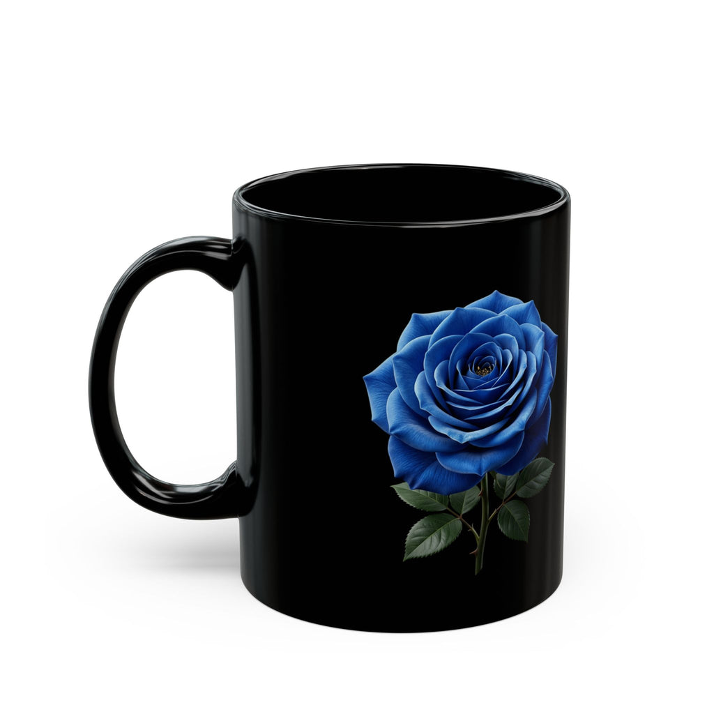 Blue Rose Black Mug — Elegant Floral Coffee Cup (11oz/15oz)