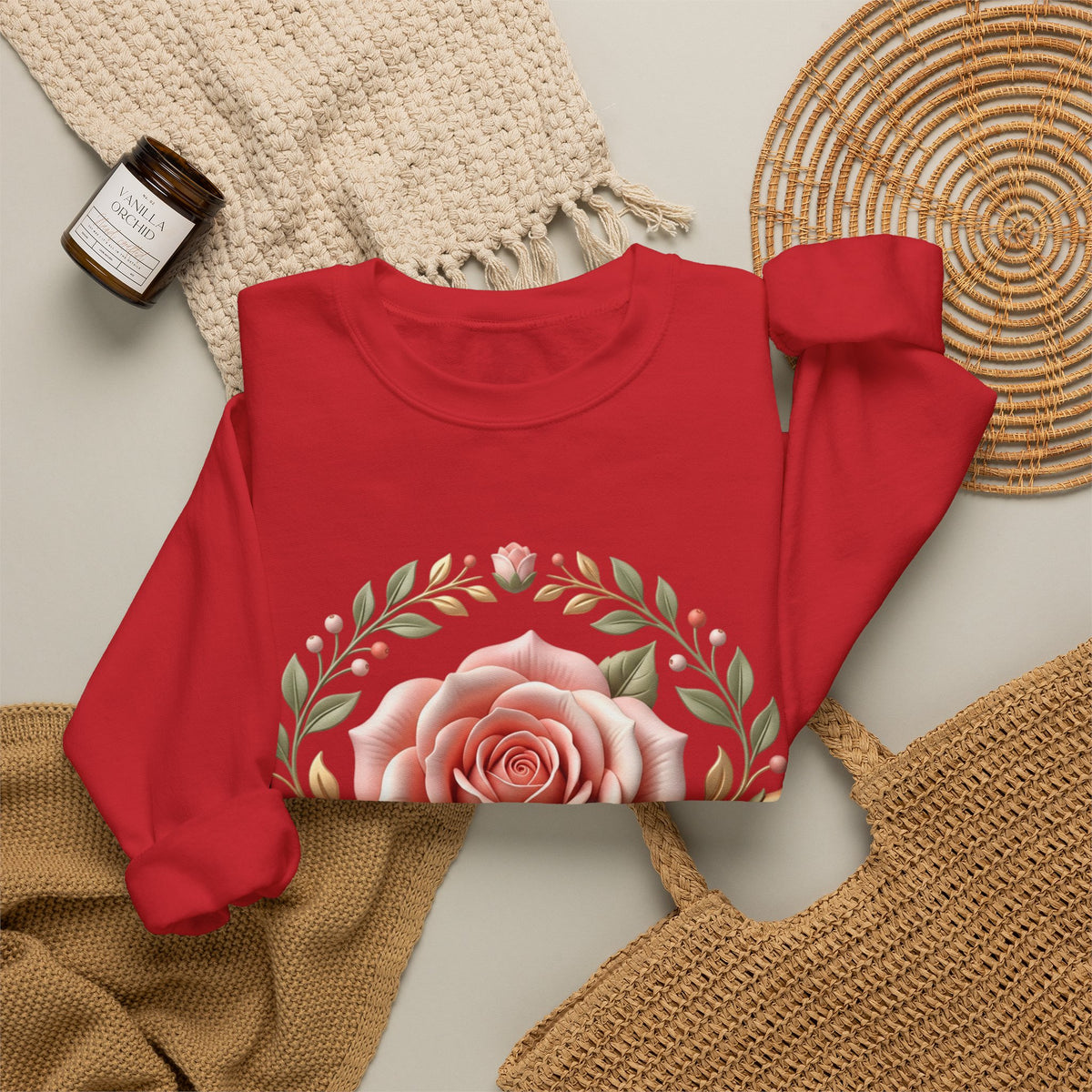 Rose Wreath Crewneck Sweatshirt — Vintage Floral Rose Pullover
