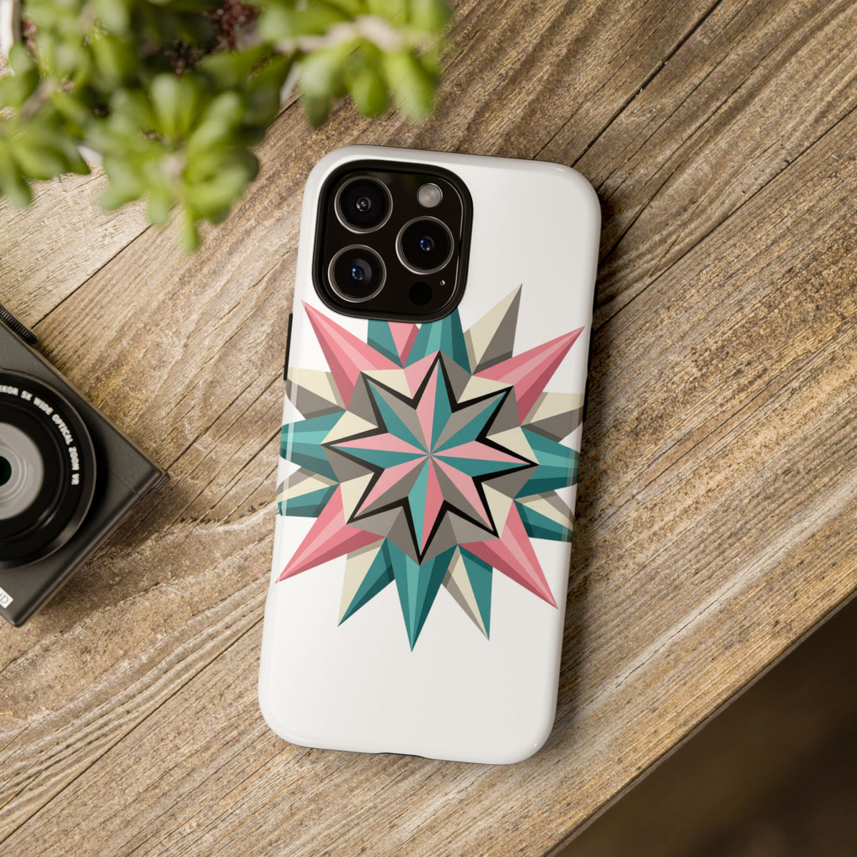 Geometric Star Tough Phone Case – Pink Teal Compass Design