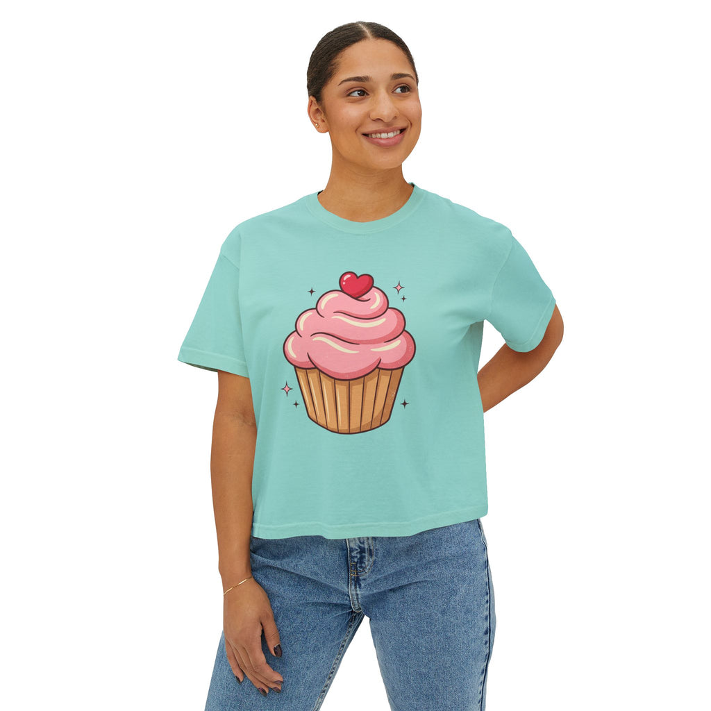 Cupcake Graphic Boxy Tee — Cute Pink Dessert Shirt for Women