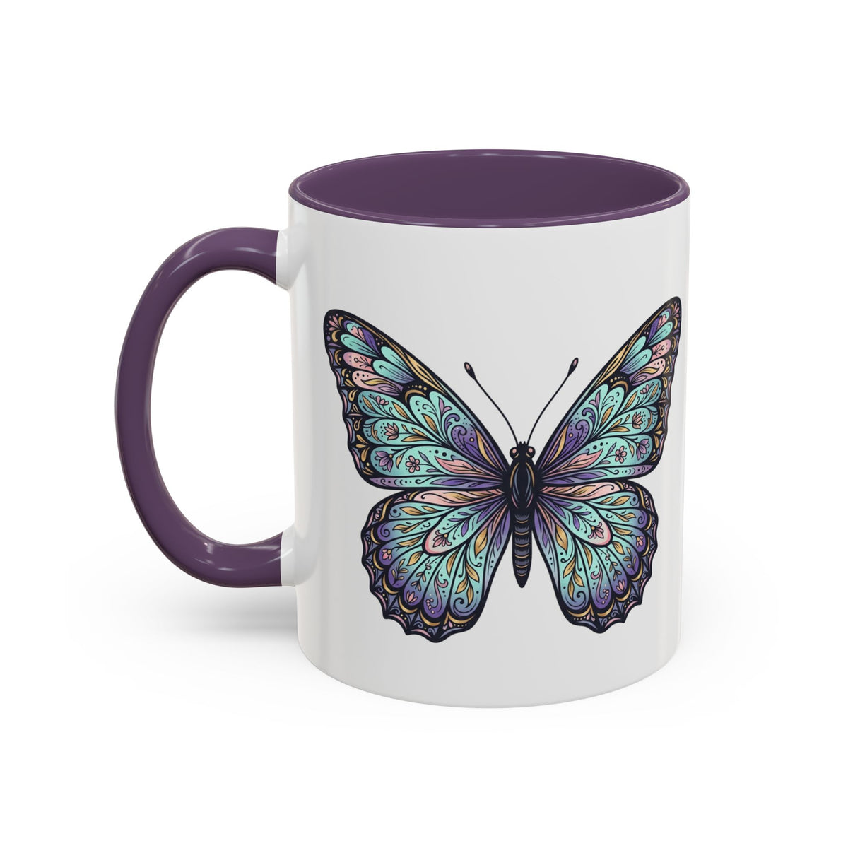 Butterfly Accent Coffee Mug — Teal Mandala Wing Design (11/15oz)