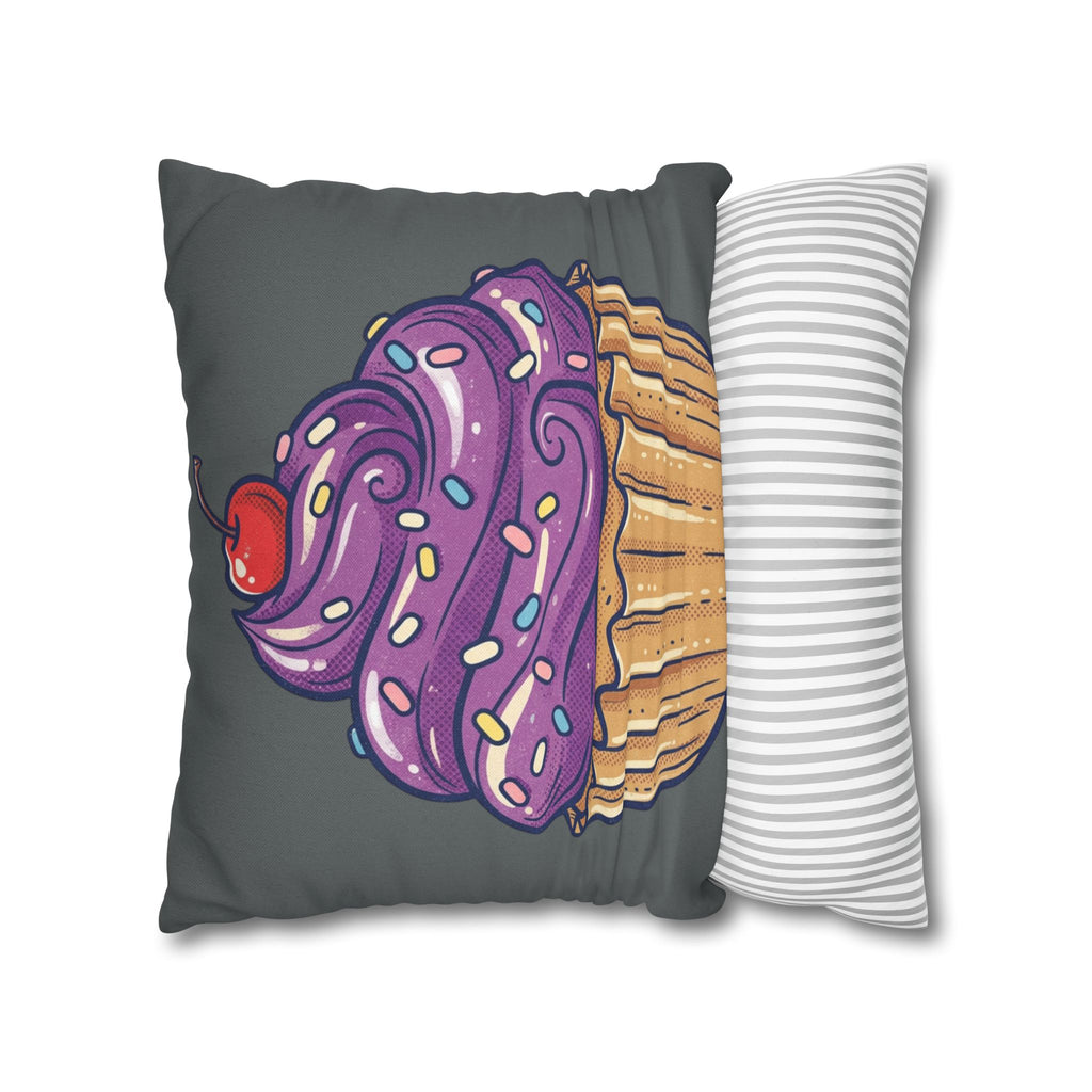 Cupcake Pillowcase — Whimsical Purple Frosting Decorative Throw Pillow- Dark Grey