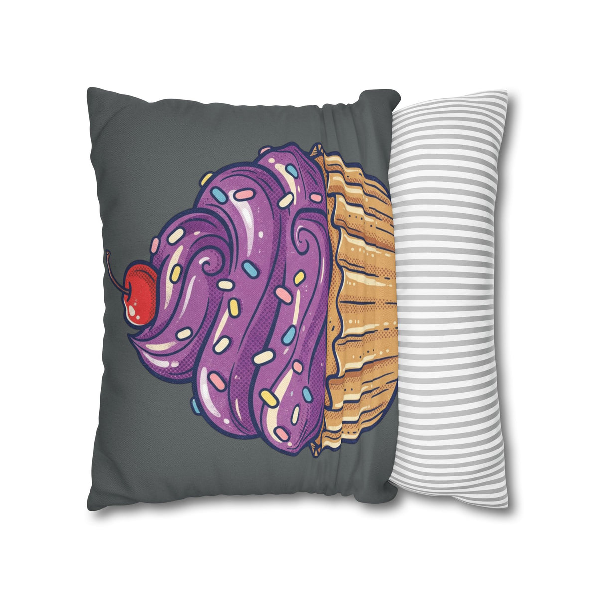 Cupcake Pillowcase — Whimsical Purple Frosting Decorative Throw Pillow- Dark Grey