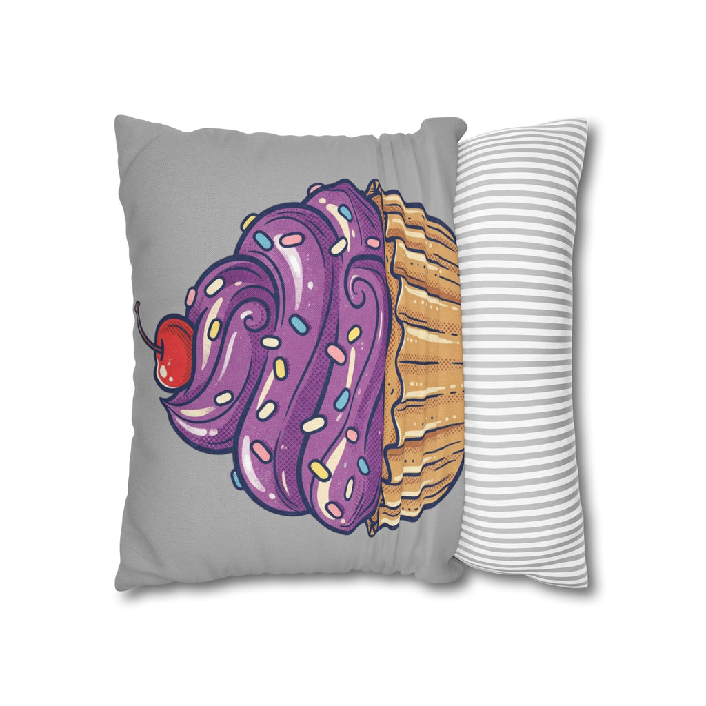 Cupcake Cushion Cover — Purple Frosting Dessert Pillowcase- Light Grey