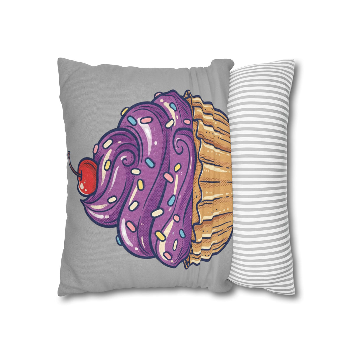 Cupcake Cushion Cover — Purple Frosting Dessert Pillowcase- Light Grey