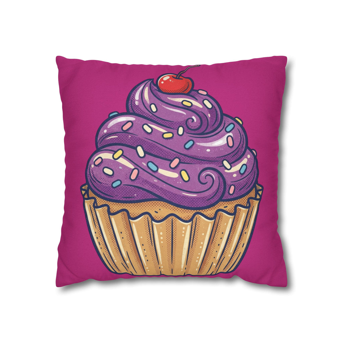 Cupcake Illustration Pillowcase - Purple Frosting Decorative Throw Pillow Cover- Magenta