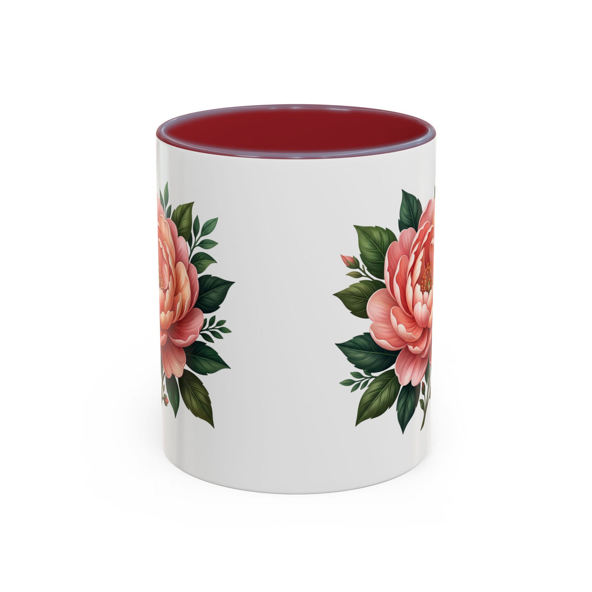 Floral Peony Accent Coffee Mug — Pink Rose Bloom Ceramic Cup