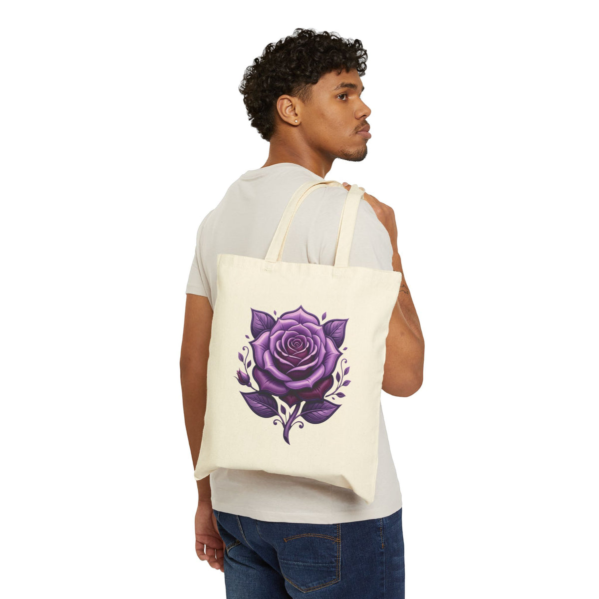 Purple Rose Canvas Tote Bag — Floral Cotton Market Bag