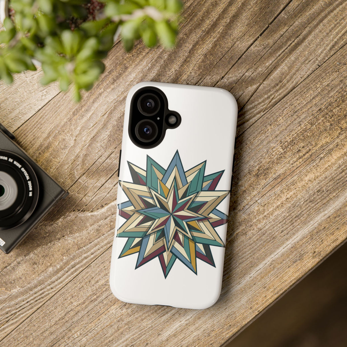 Geometric Star Phone Case — Teal & Earthtone Mandala Design