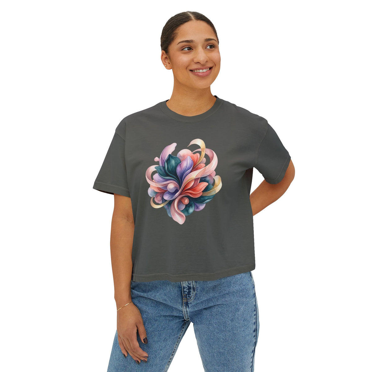 Women's Boxy Tee — Abstract Floral Swirl Graphic