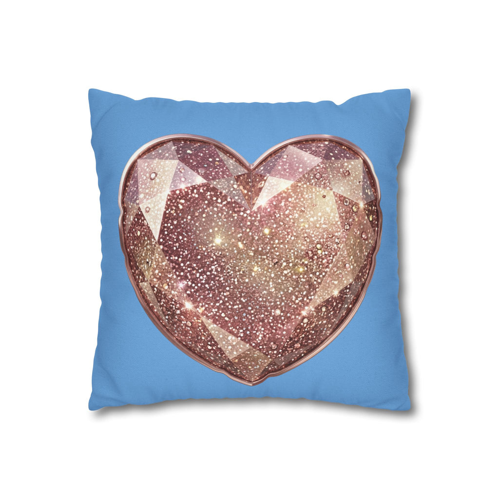 Glitter Gem Heart Pillowcase — Sparkling Rose Gold Heart on Blue