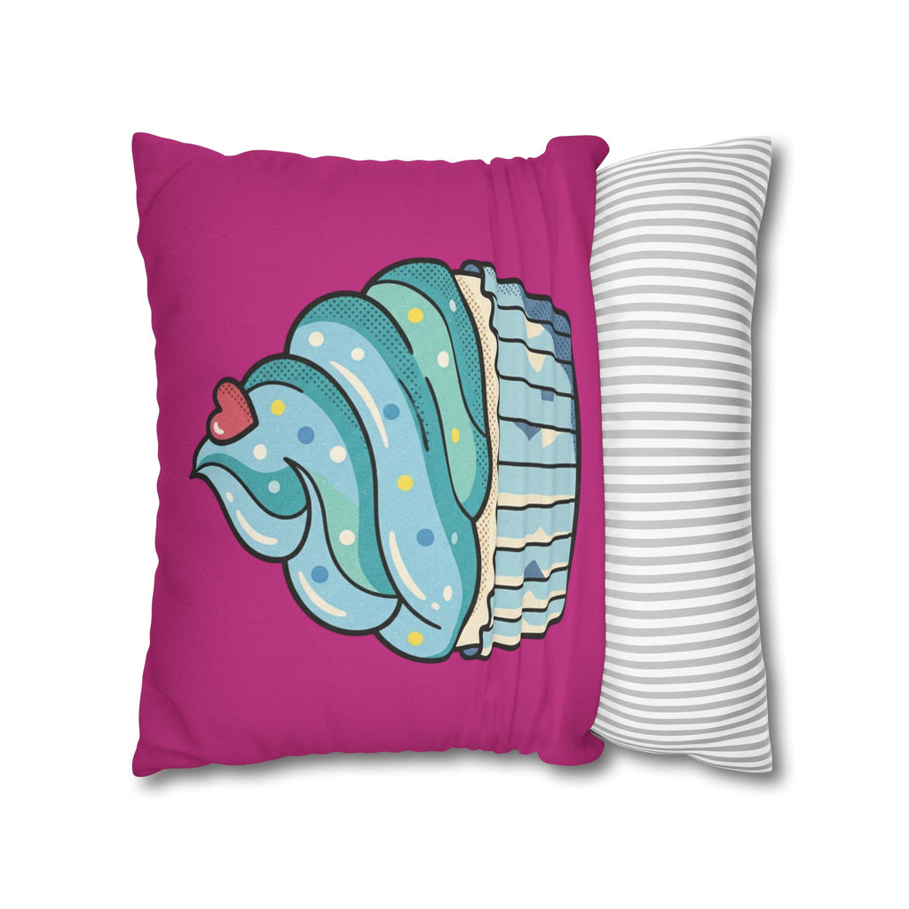Cupcake Throw Pillow — Cute Blue Frosting Decorative Pillowcase- Magenta