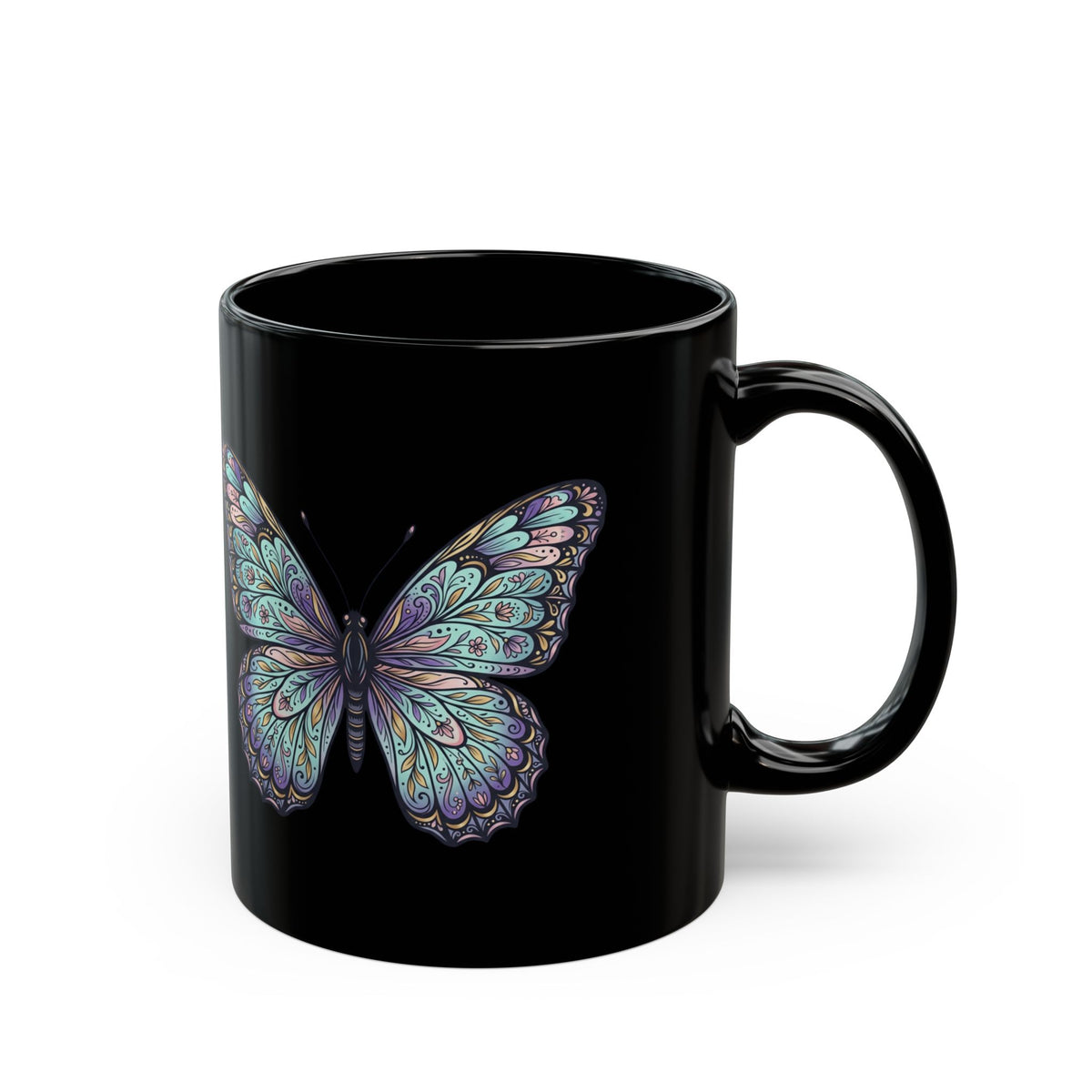 Iridescent Butterfly Black Mug — 11oz & 15oz Ceramic Coffee Cup