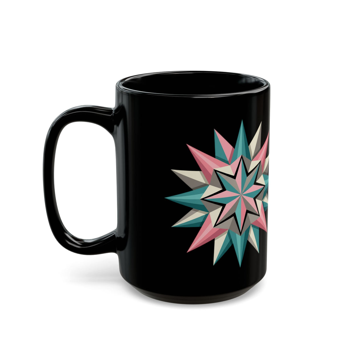 Geometric Starburst Black Coffee Mug — Retro Teal & Pink 11oz/15oz