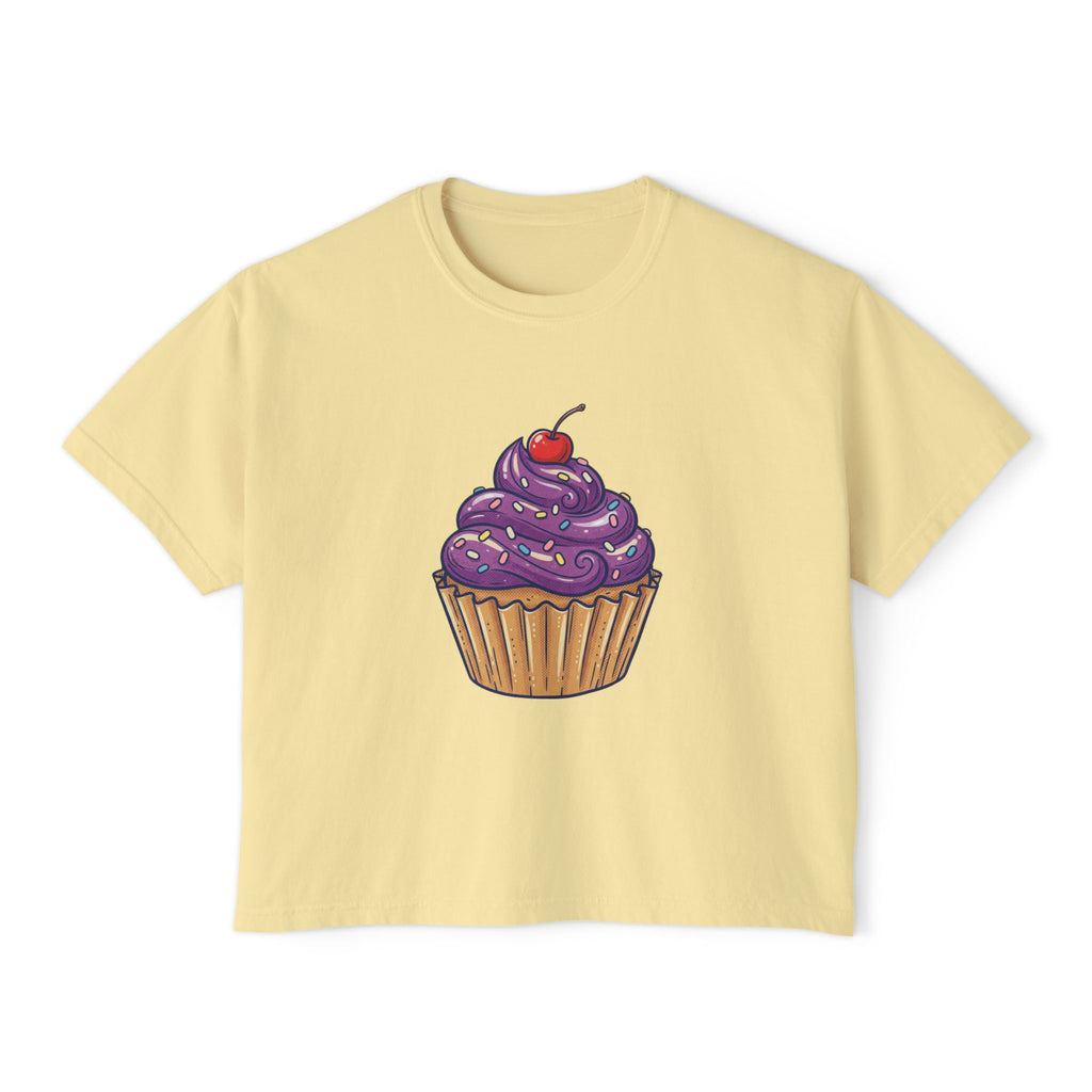 Cupcake Graphic Boxy Tee — Cute Purple Frosting Women's T-Shirt
