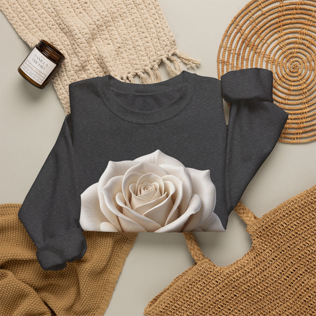 White Rose Crewneck Sweatshirt — Elegant Botanical Floral Pullover