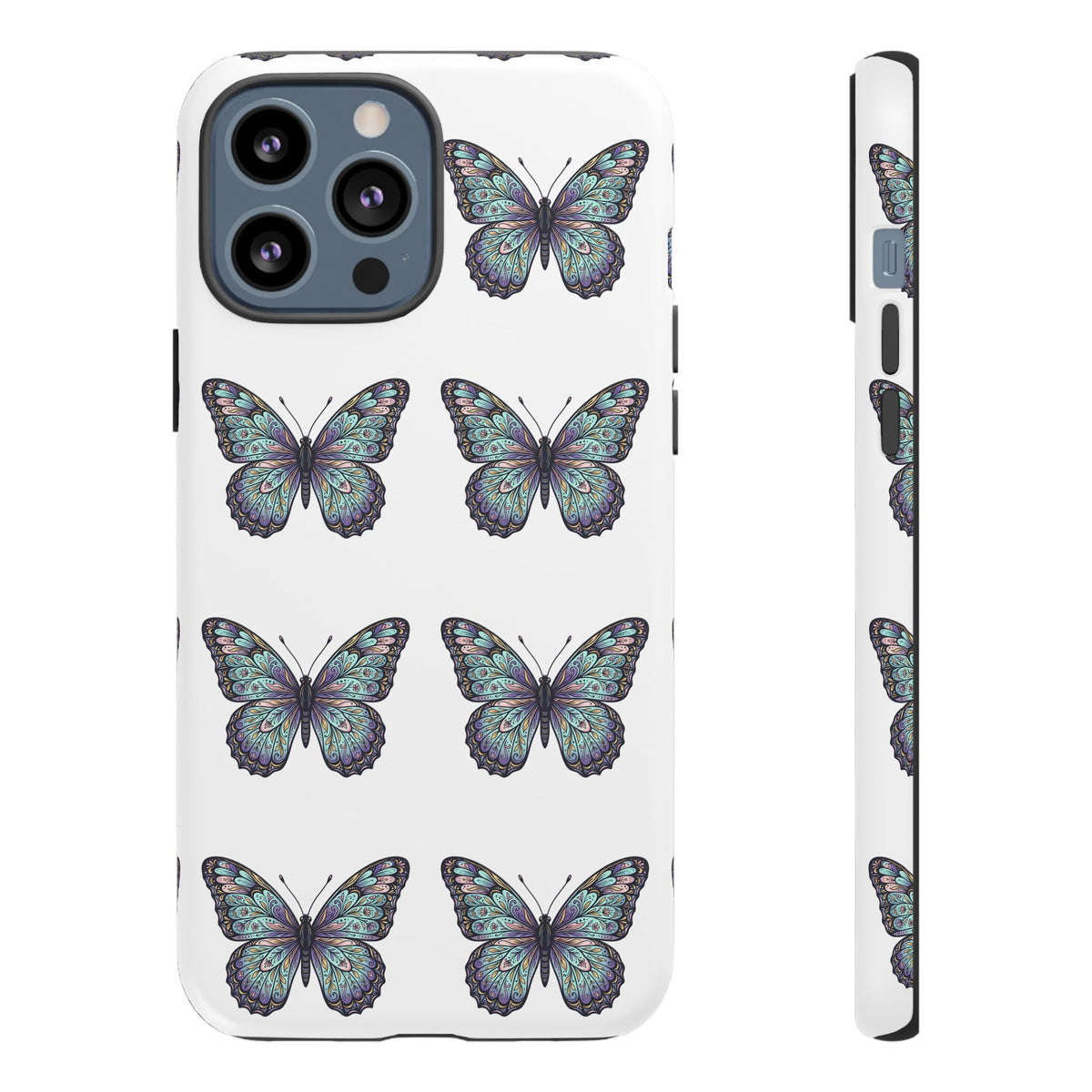 Butterfly Pattern Tough Phone Case — Vintage Teal Floral Protective Cover