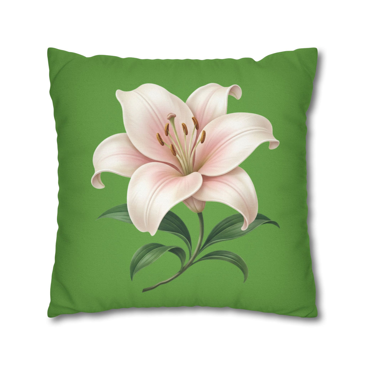 Pink Lily Floral Pillowcase — Green Square Decorative Pillow Cover