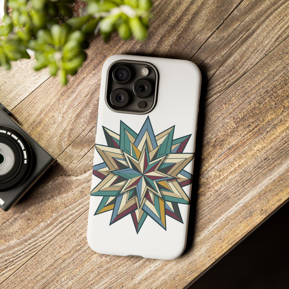 Geometric Star Phone Case — Teal & Earthtone Mandala Design