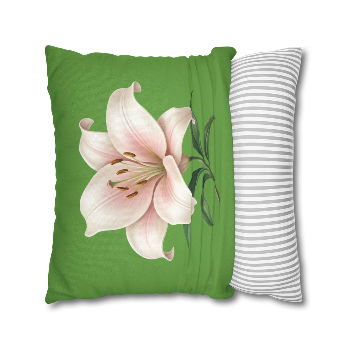 Pink Lily Floral Pillowcase — Green Square Decorative Pillow Cover