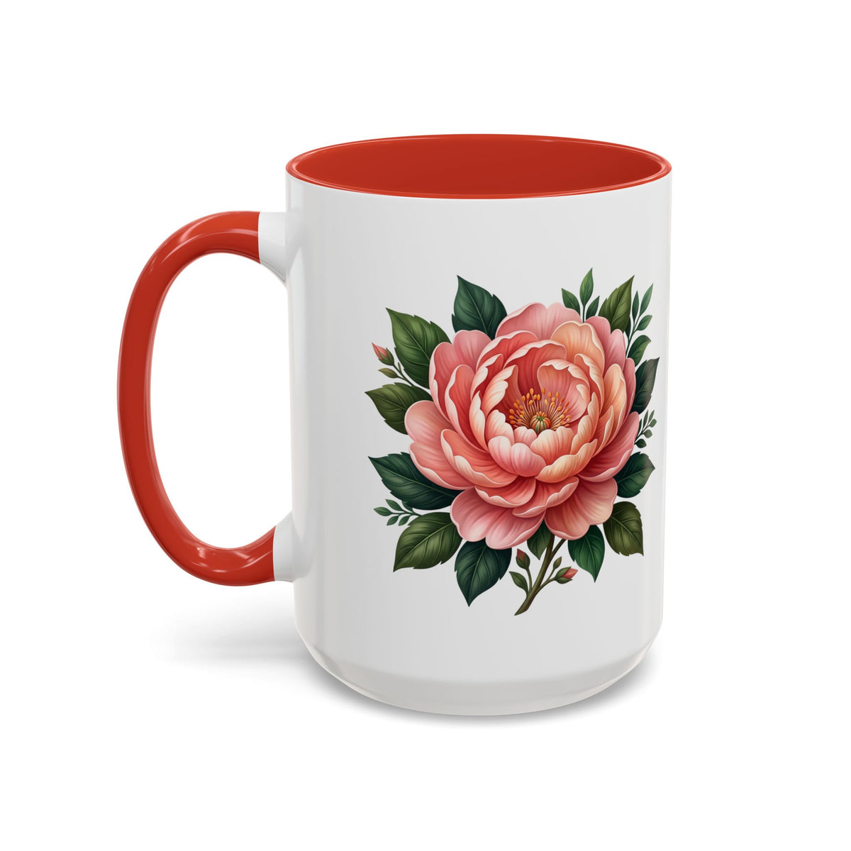 Floral Peony Accent Coffee Mug — Pink Rose Bloom Ceramic Cup