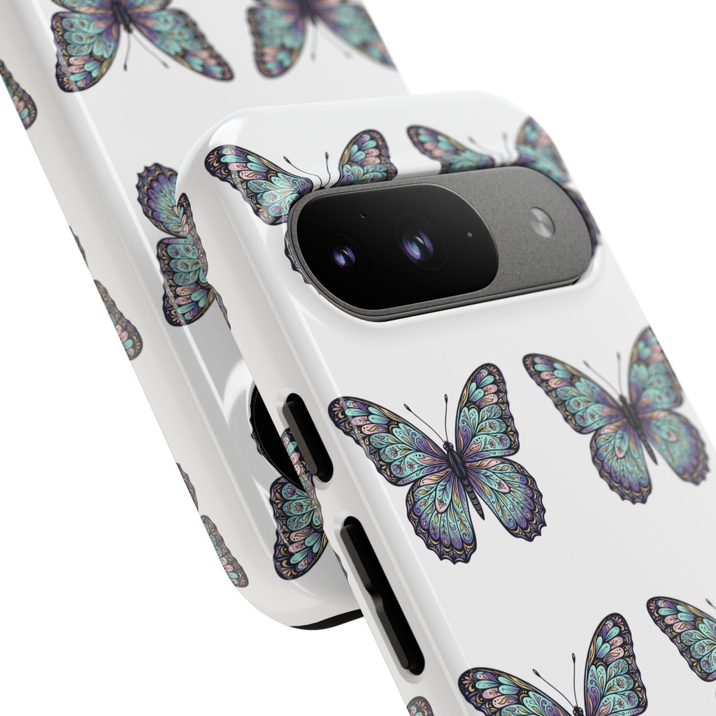 Butterfly Pattern Tough Phone Case — Vintage Teal Floral Protective Cover