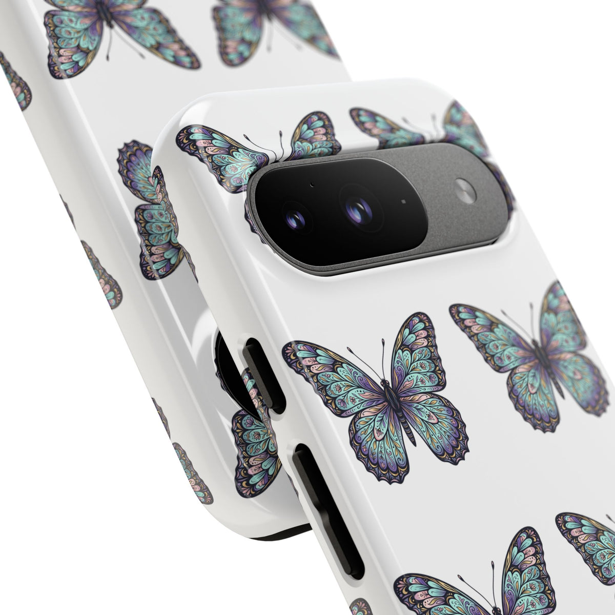 Butterfly Pattern Tough Phone Case — Vintage Teal Floral Protective Cover