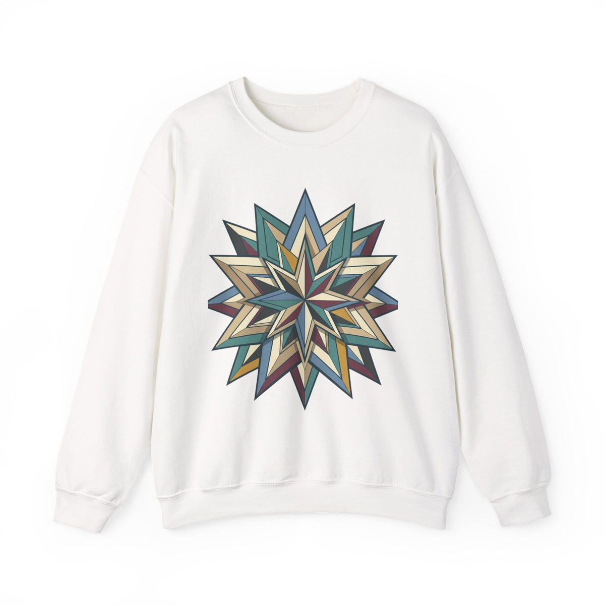 Crewneck Sweatshirt — Geometric Starburst Mandala Design