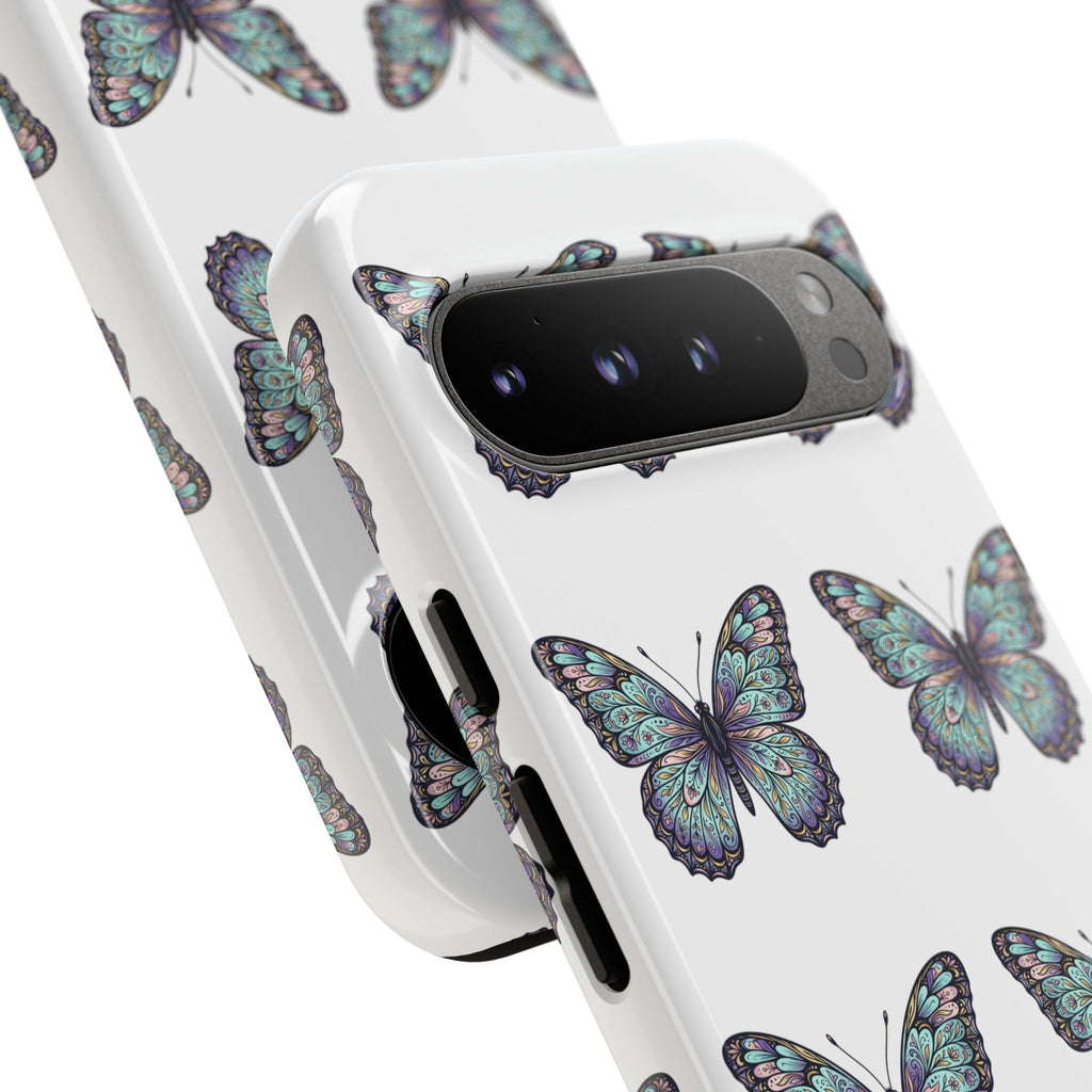 Butterfly Pattern Tough Phone Case — Vintage Teal Floral Protective Cover