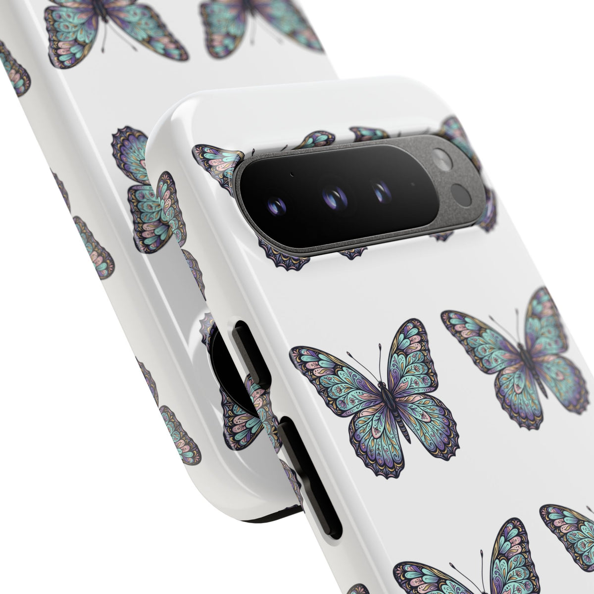 Butterfly Pattern Tough Phone Case — Vintage Teal Floral Protective Cover