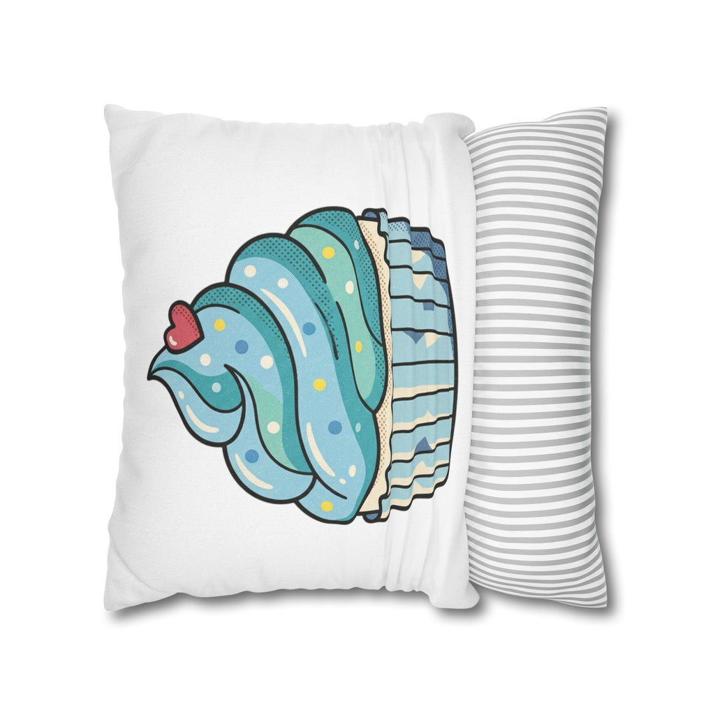 Cupcake Throw Pillowcase — Cute Blue Frosting Decorative Pillow Cover- White