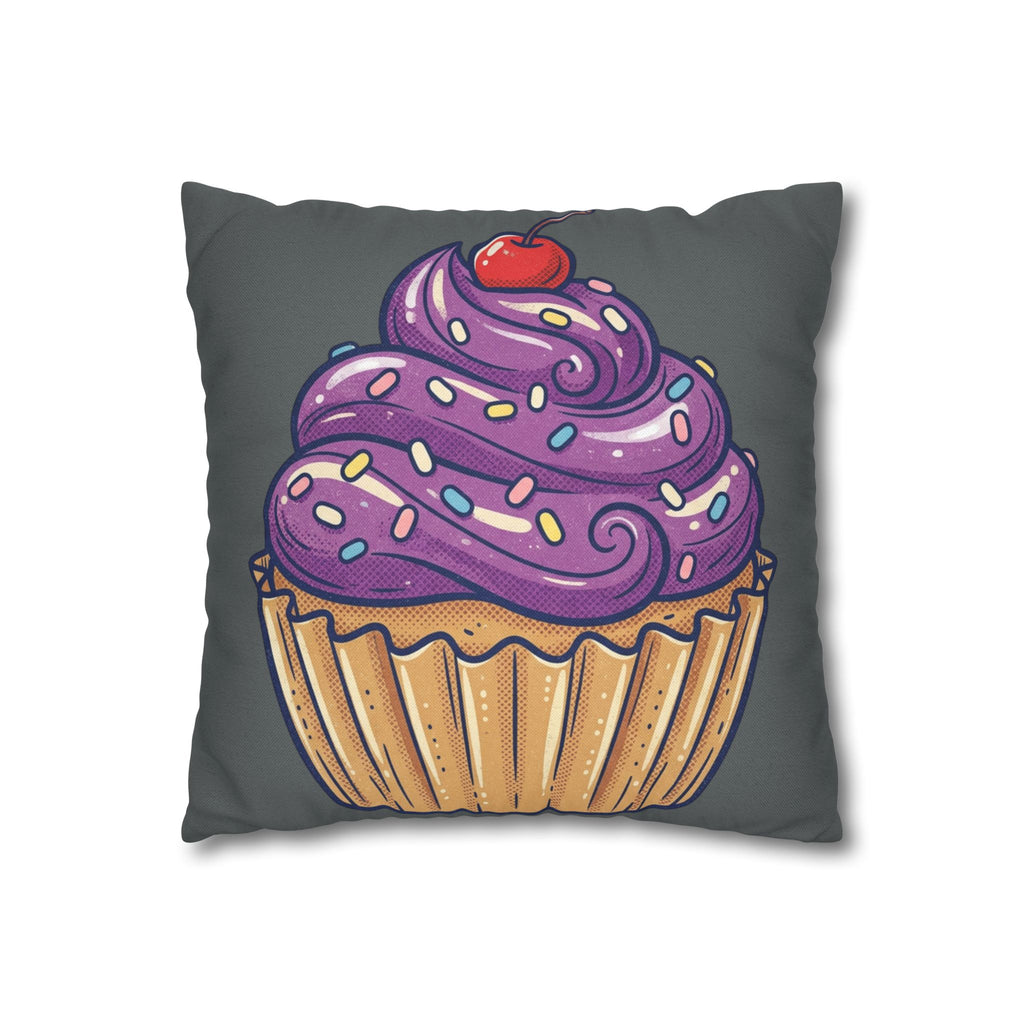 Cupcake Pillowcase — Whimsical Purple Frosting Decorative Throw Pillow- Dark Grey