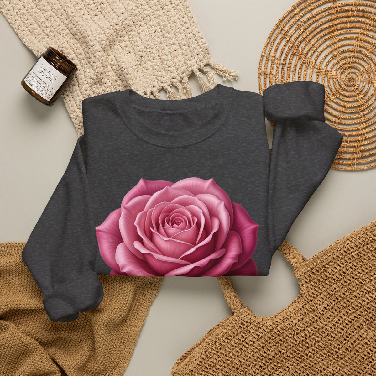 Rose Graphic Sweatshirt — Vintage Pink Rose Floral Crewneck