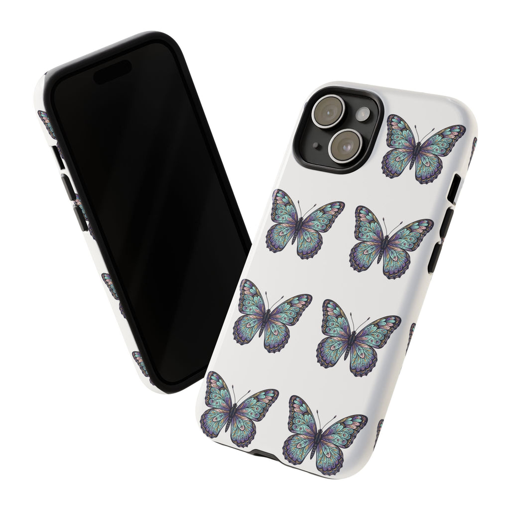 Butterfly Pattern Tough Phone Case — Vintage Teal Floral Protective Cover