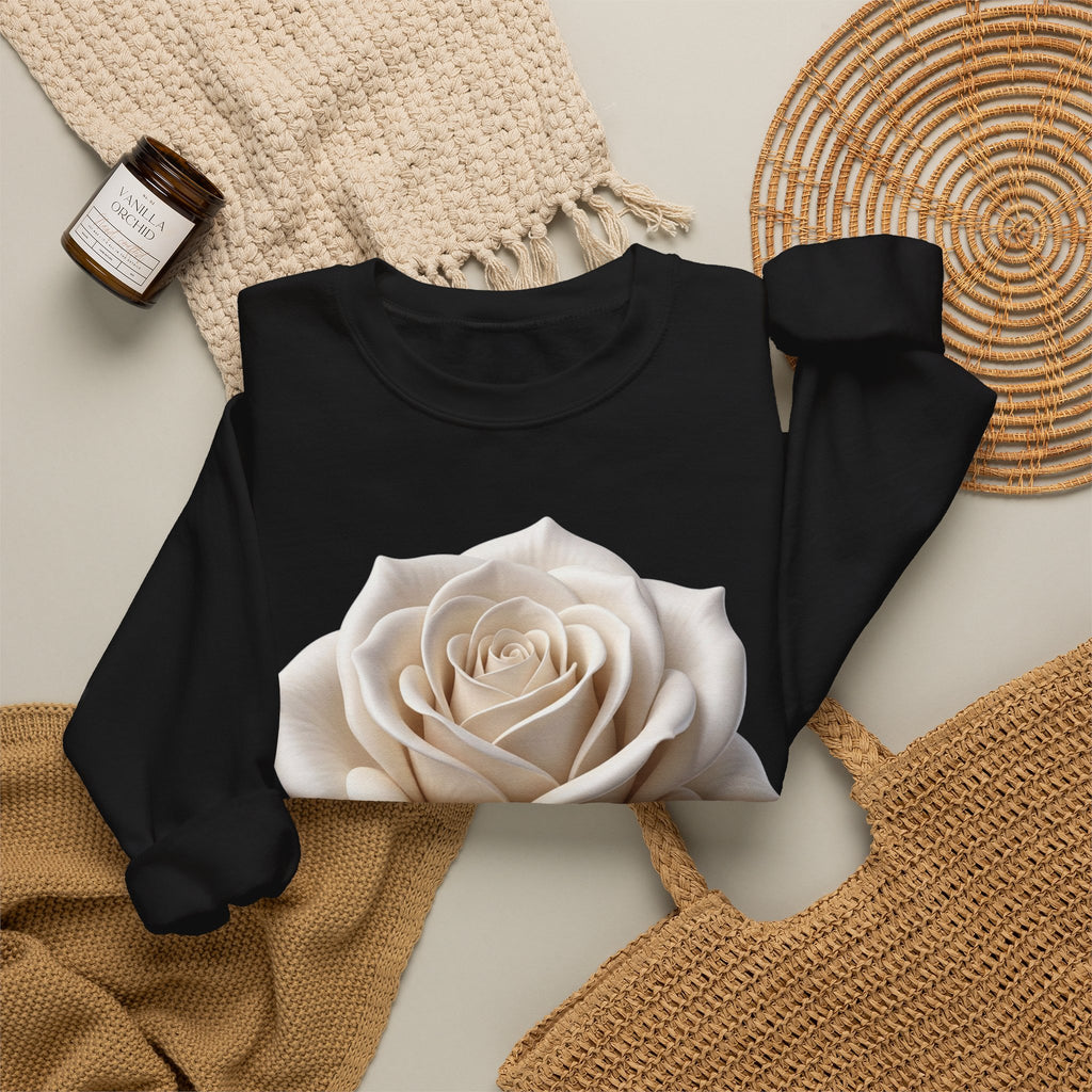 White Rose Crewneck Sweatshirt — Elegant Botanical Floral Pullover