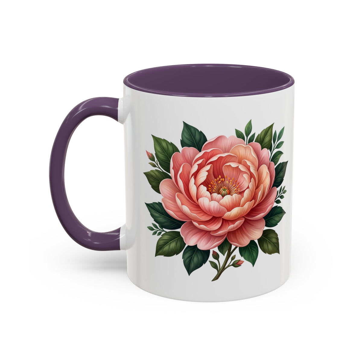 Floral Peony Accent Coffee Mug — Pink Rose Bloom Ceramic Cup